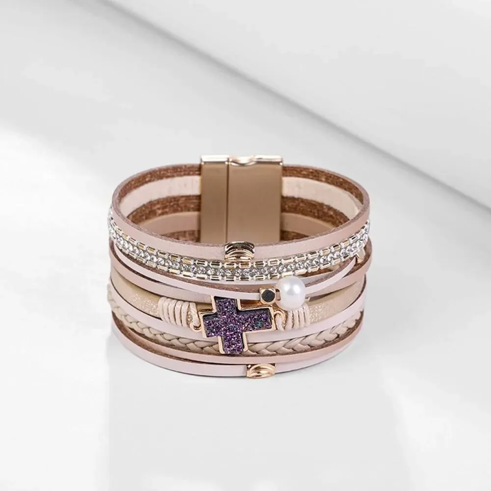 Cross Boho Multilayer Leather Wrap Cuff Bangle Bracelet - Picture 3 of 6